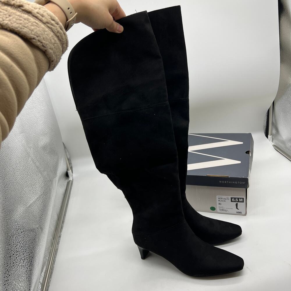 Worthington Women's Valto Faux Suede Black High Over Knee Heeled Boots Size 6.5